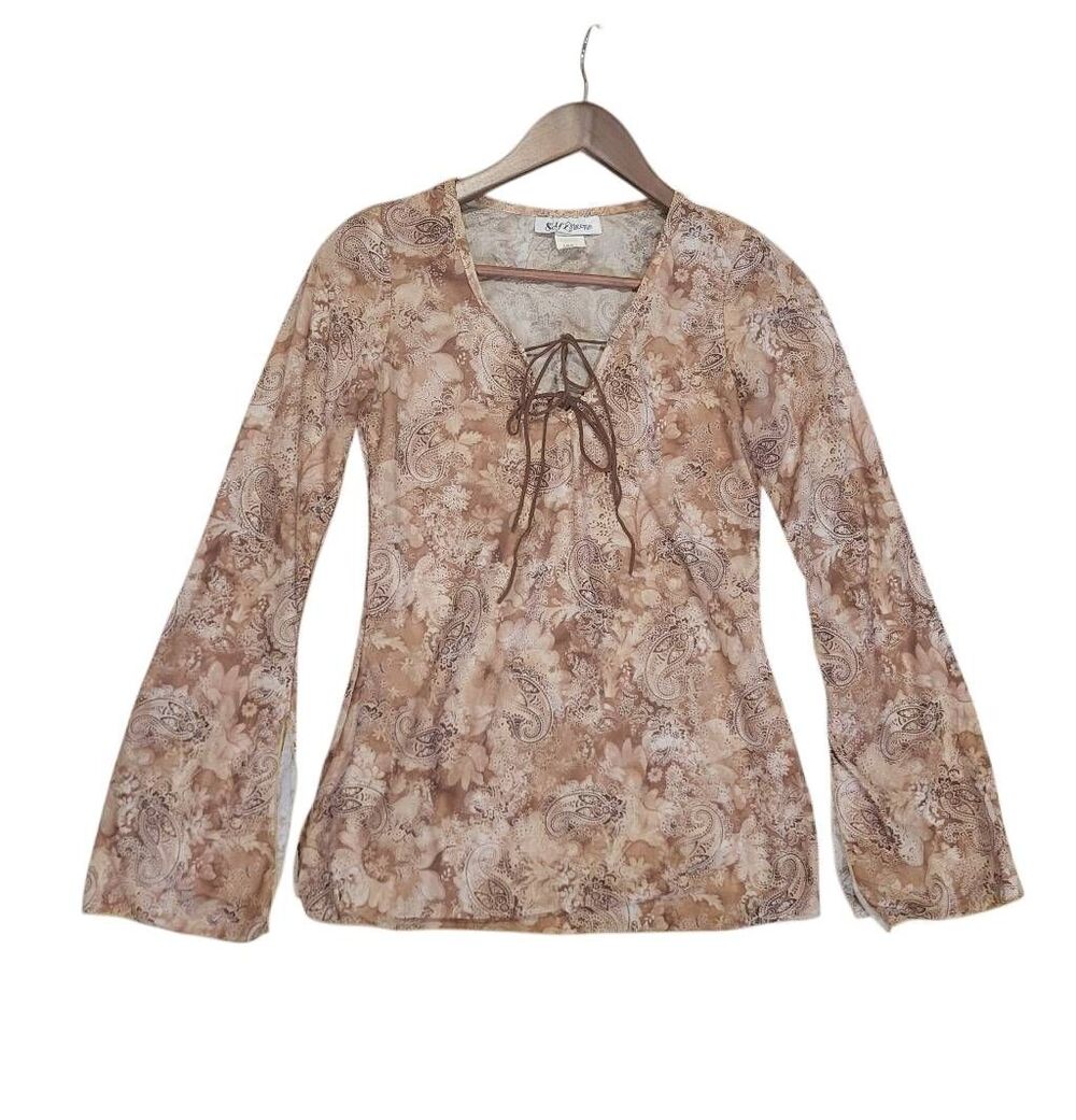 Vintage Y2K Self Esteem Top Women's XS Brown Paisley Bell Sleeve Lace Up Boho